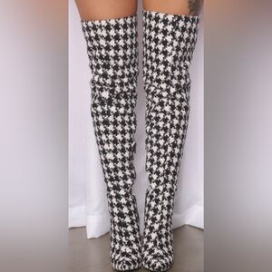 Black & White Houndstooth over the knee boot